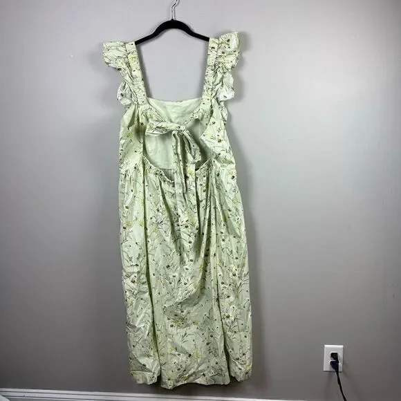 H&M Wildflower Meadow open back Poplin Light Green Floral midi Dress - Picture 7 of 12